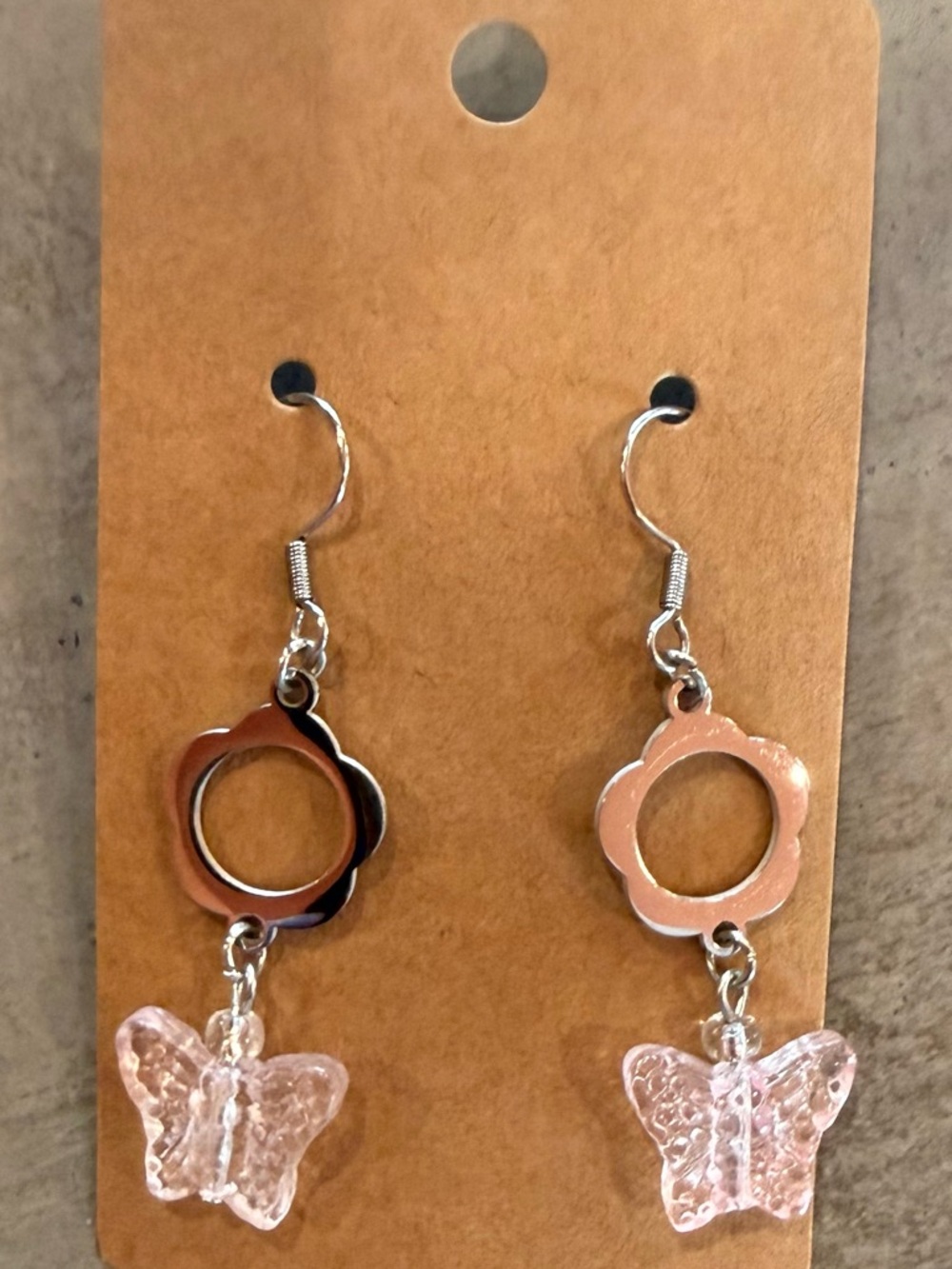 Hand Crafted Pink Butterfly Dangle Earrings with Silver Flower Hoops